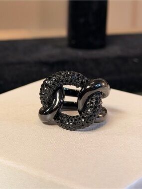 Michael Kors Rhodium-plated Black Crystal Interlocking Statement Ring Sz 7